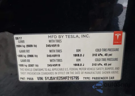 2017 Tesla Model S 100D/60D/75D/90D/P100D z USA, uszkodzony, nr VIN 5YJSA1E25HF215795